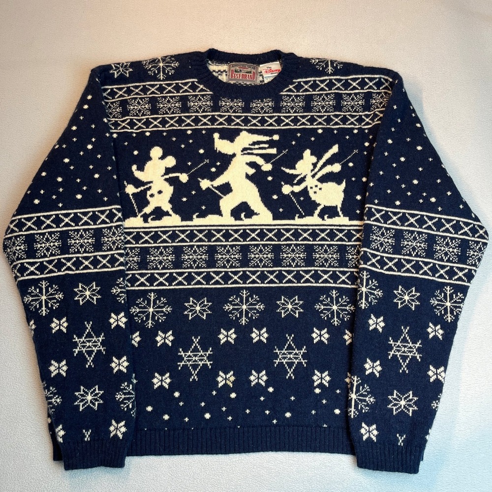 Disney Store Vintage Mickey Goofy Ski Wool Sweater Mens XL Navy Fair Isle Knit